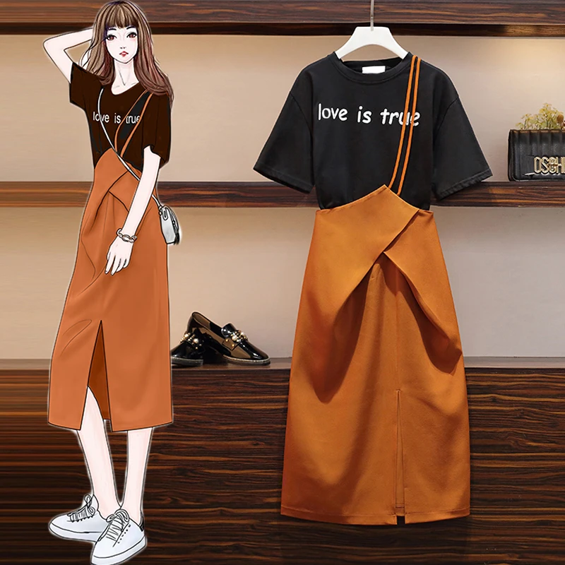 

2021 Summer Women's O Neck Short Sleeves Letter Cotton T-shirt + Irregular Skirts 2 pcs sets Female Fashion Suits
