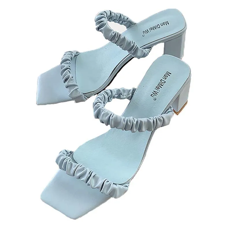 

Summer sandals women wear pleated one line with thick heel fashion out with simple middle heel Size 35-41