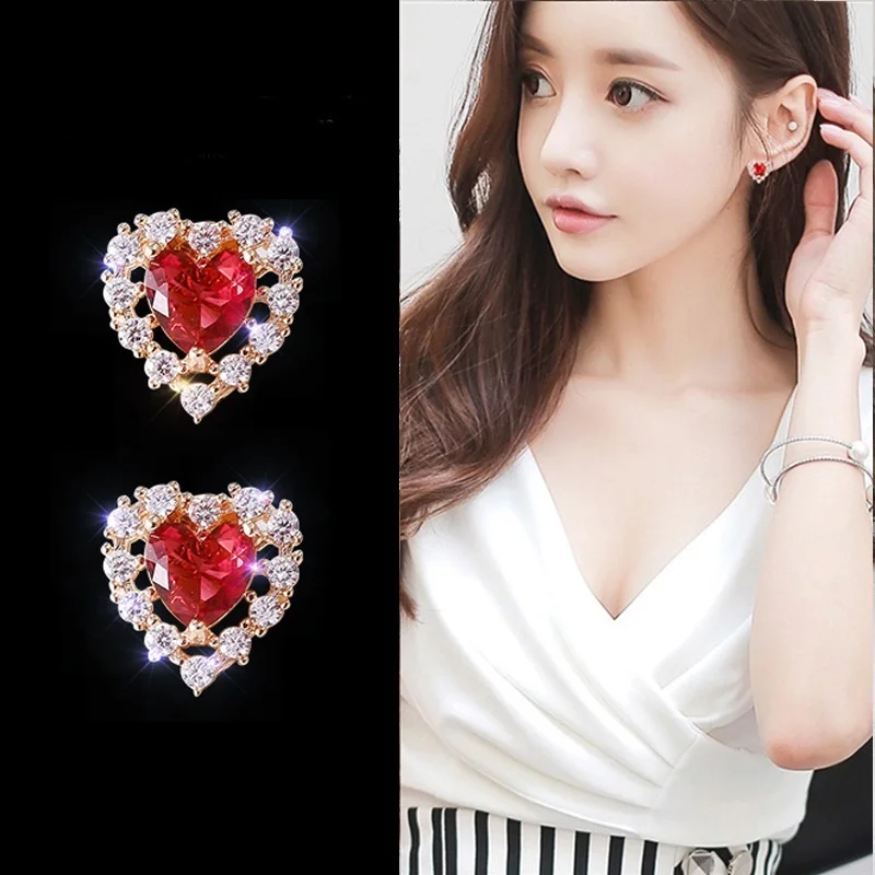 

OMHXZJ Wholesale European Fashion Woman Girl Party Birthday Wedding Gift Heart Red AAA Zircon 18KT Rose Gold Stud Earrings EA526