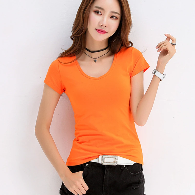 100% Хлопковая женская футболка белые топы 2020 Летняя Повседневная с v-образным