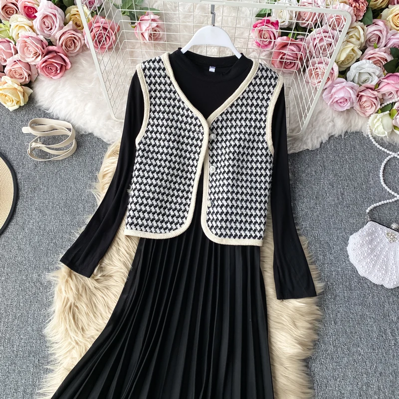 

High Neck Long Sleeve A Line Pleat Bottom Dress Women Fashion V Neck Slim Waist Sashes Plaid Vest Vestidos Autumn Winter Bottom
