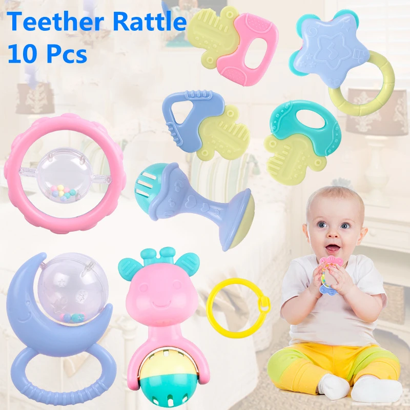 

6-10Pcs Baby Rattle 0-12 Months Newborn Soft Bell Teethers Hand Shaking Crib Mobile Ring Educational Toy For Children Set Gifts