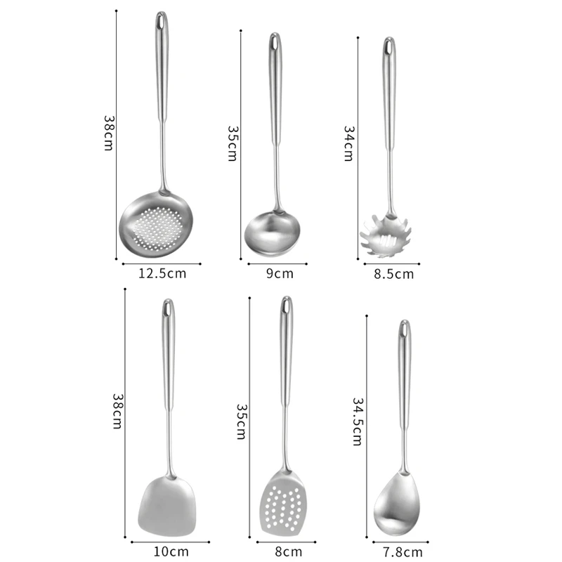 

6PCS Stainless Steel Cookware Set Kitchen Shovel Fish Turner Soup Spoon Pasta Server Strainer Cooking Tools Utensils