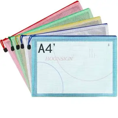 

2pcs A4 Transparent Document Bag Grid Zipper File Kit Student Office Supplies