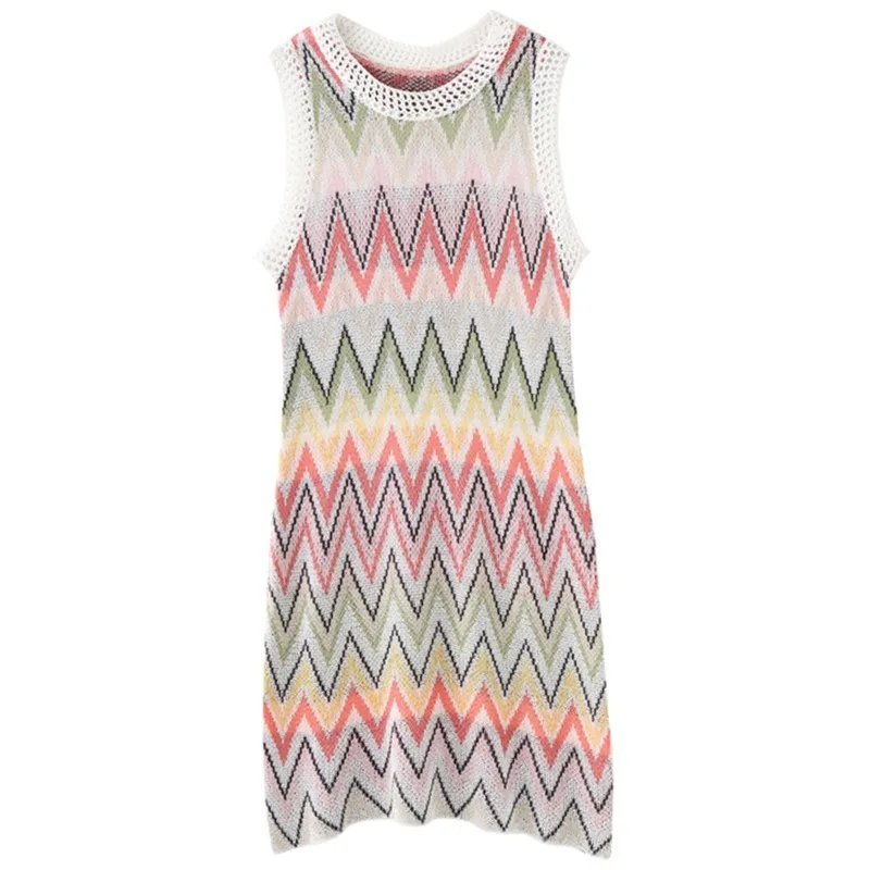 

Rainbow Sweet Dress 2021 Summer Fashion Streetwear Patchwork O Neck Sleeveless Striped Vestidos High Waist Sweater Dress Women
