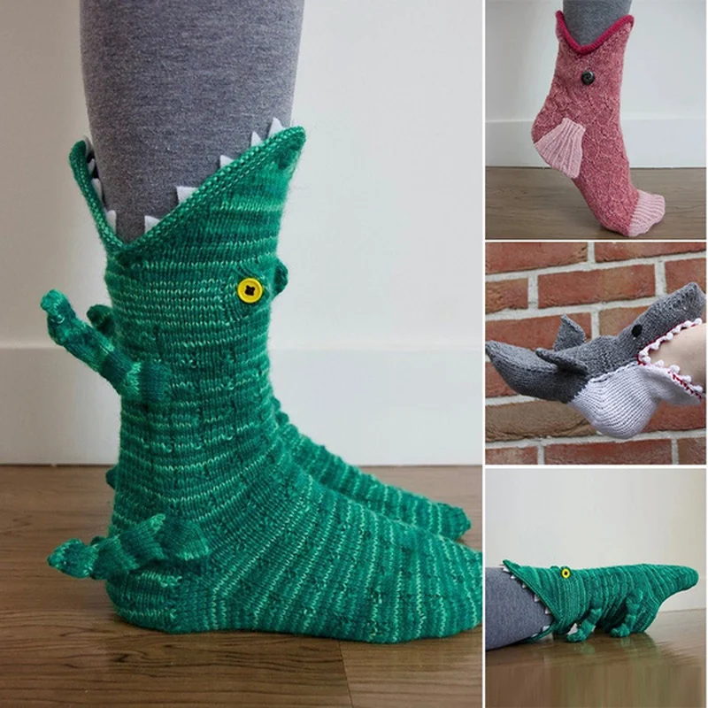 

Christmas Socks Shark Fish Chameleon Crocodile Knit Socks Cute Novel Unisex Winter Warm Floor Socks New Men and Women Xmas Gifts