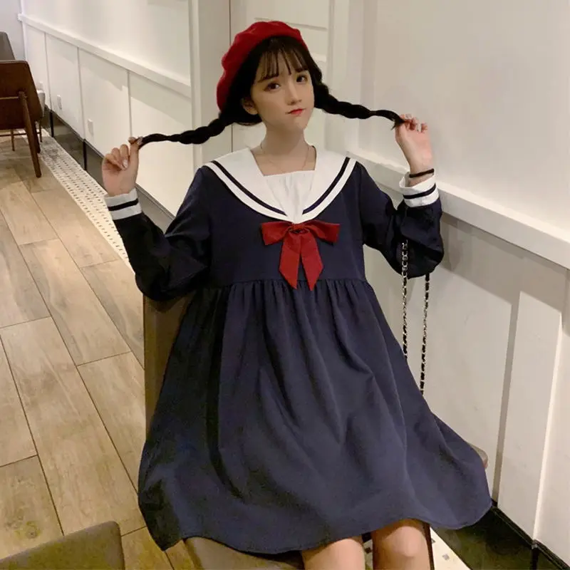 Японское женское осеннее платье Лолита Темно Синий моряк воротник лук милое для
