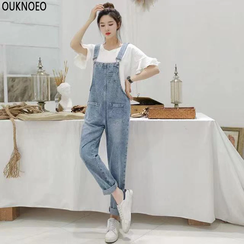 

Women's Denim Jumpsuits Spring Washed Blue Denim Overalls Korean Preppy Style Elegant Long Trouser 2021 Woman Casual Rompers