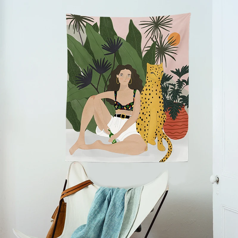 Tiger and Girl Hanging Tapestry Blanket-Cover Wall Cloth Home Decorations Bedroom Dec | Дом и сад
