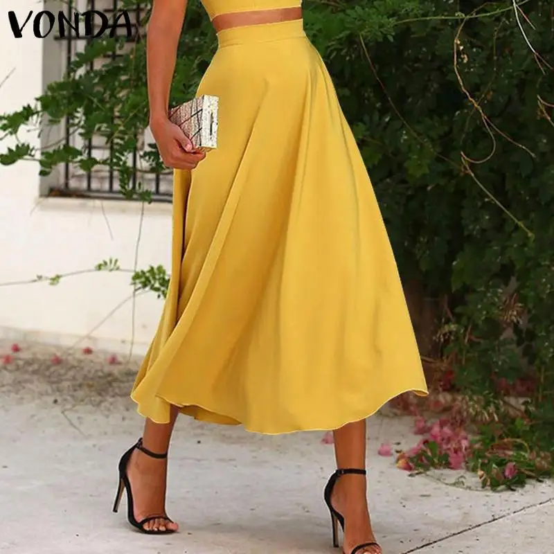

Women Elegant Skirt 2021 VONDA Elegant Party Long Skirts Female High Waist Solid Color A-line Skirt Faldas De Mujer