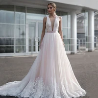 sexy deep v neck backless tulle applique lace a line wedding dresses sweep train vestido de noiva bride dress 2020