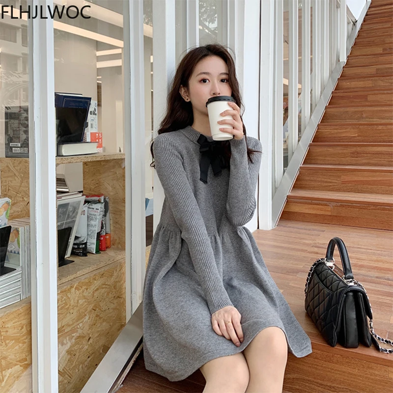 

Женское трикотажное мини-платье в японском стиле, однотонное Милое трикотажное платье-свитер с бантом, Осень-зима 2021