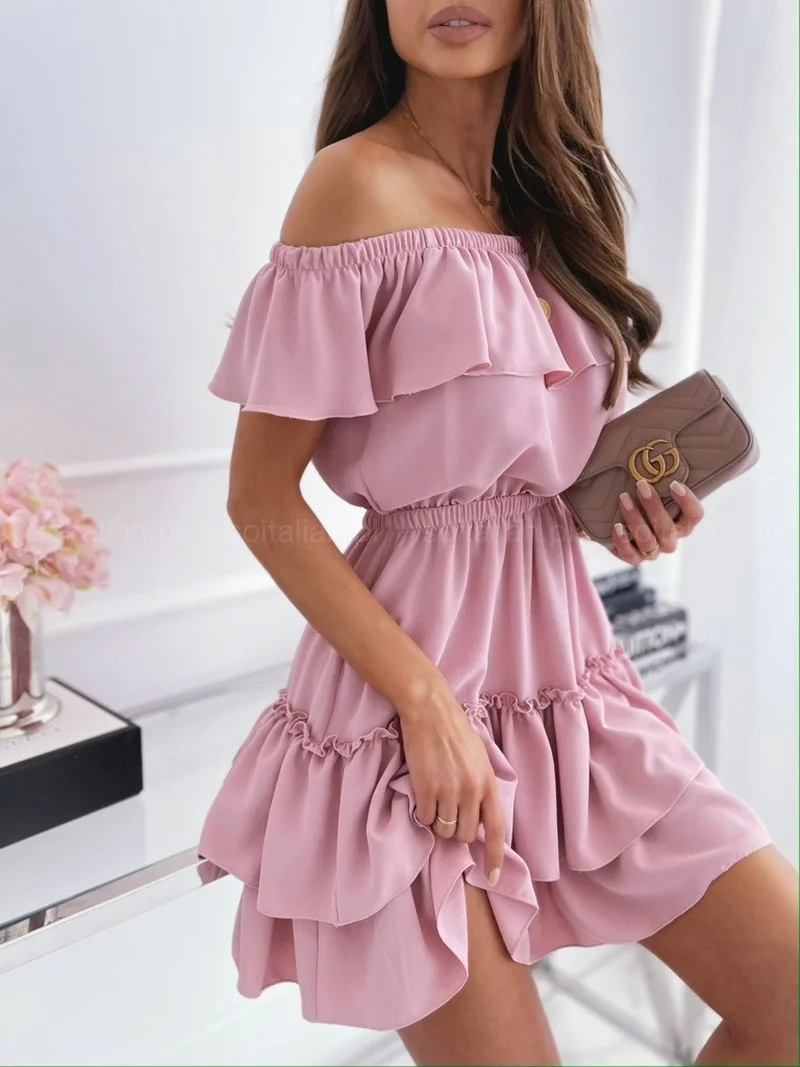 

Donsignet Fashion Women's Dress New Summer Casual Hot Sale One-word Collar Pullover Solid Color Ruffled Off-shoulder Loose Dress