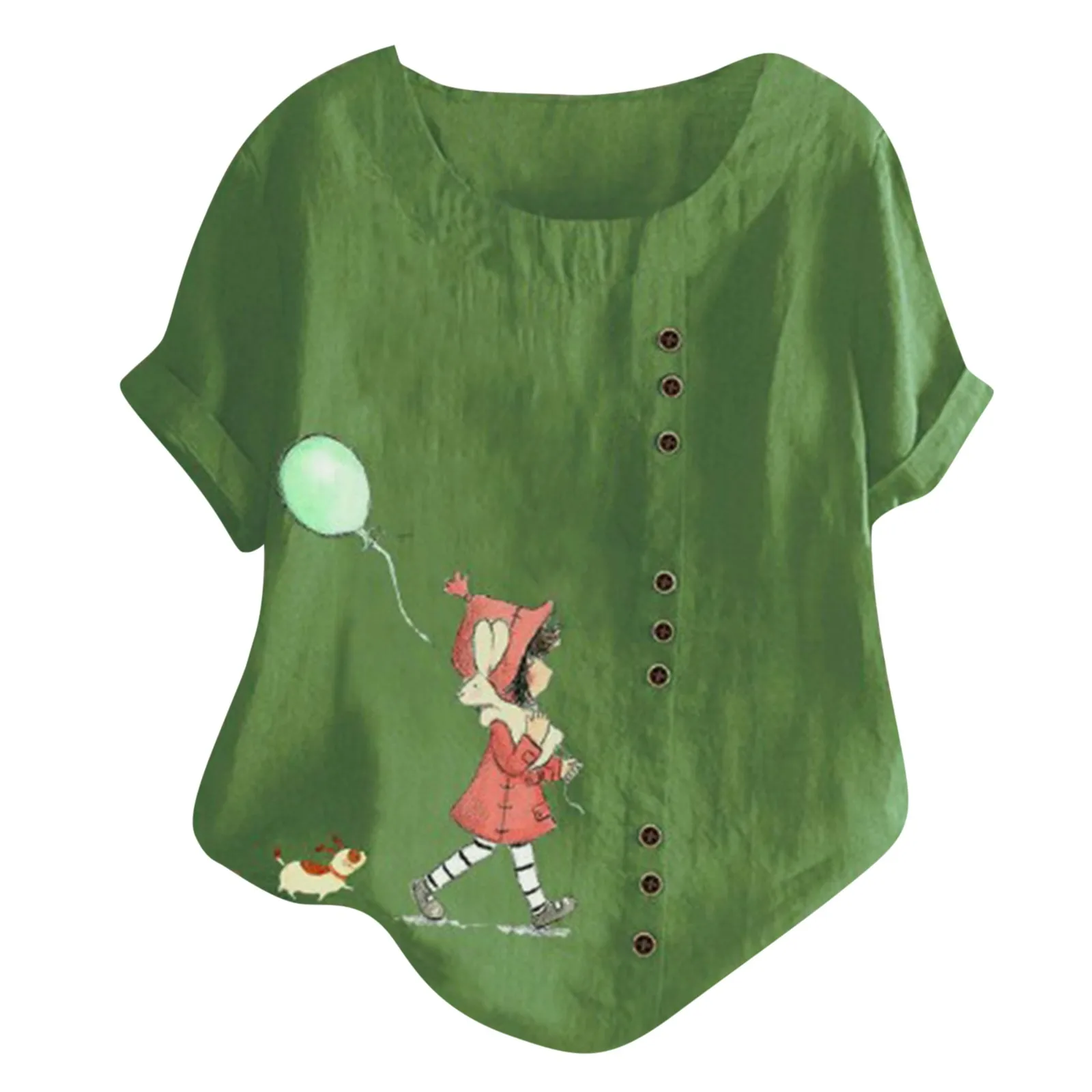 

Round Neck Ladies Women Shirt Oversize Casual Button Print Round Neck Short Sleeve Top Blouse Female Loose Korean Blouses Tops