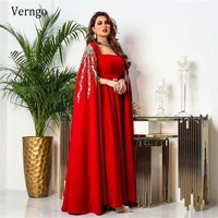 verngo 2021 red satin a line caftan evening dresses long cape beads applique embroidery dubai arabic women formal prom gowns