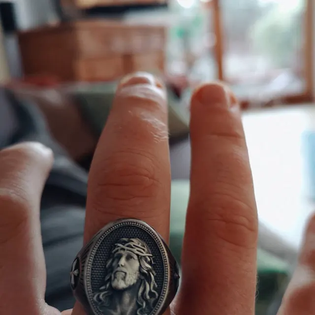 

Stainless Steel Oxidized Ancient Silver Black Ring Jesus Cross Ring Letter Bible Prayer Ring Men's Amulet Jewelry Christianity