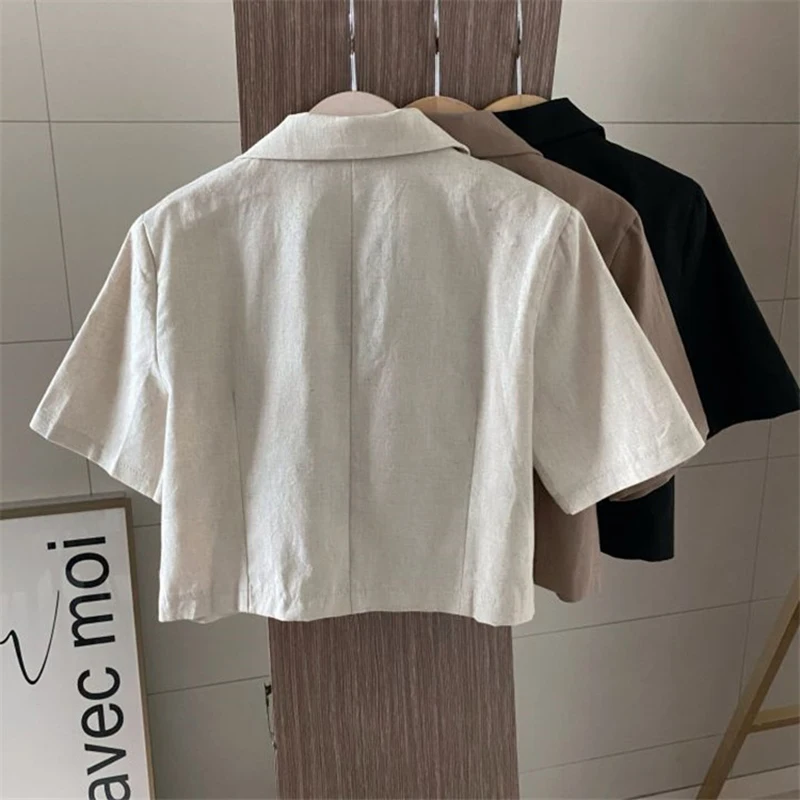 Женский костюм-блейзер QOERLIN однотонный пиджак из хлопка и льна с коротким рукавом