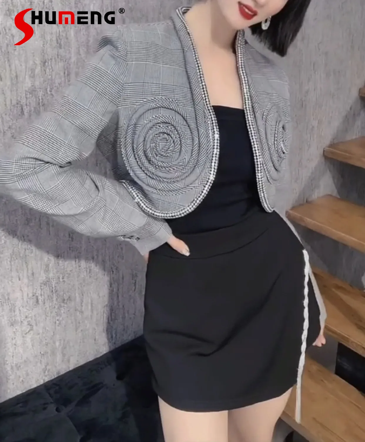 

Новинка 2021, Осеннее женское элегантное короткое пальто в Корейском стиле, женская модная однотонная Изысканная твидовая куртка Стразы