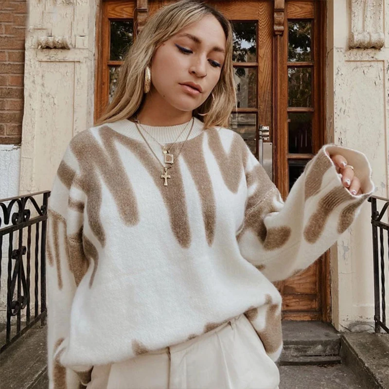 

elegant green striped print oversized sweaters women winter o-neck loose long sweaters Streetwear warm clothing vintage apparel