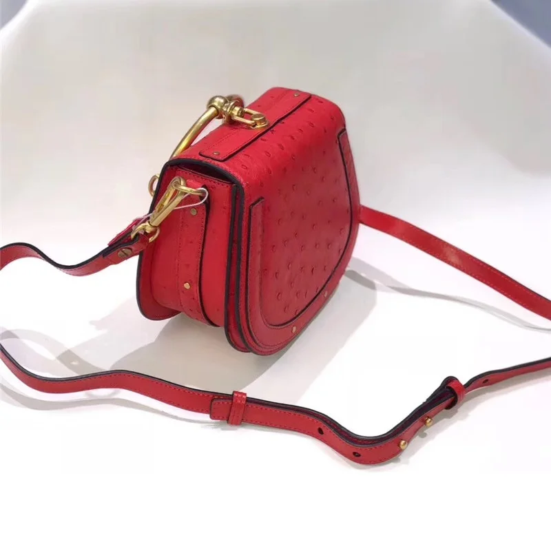 Authentic Ostrich Skin Women's Mini Gray Color Handbag Bracelet Handle Lady Saddle Purse Genuine Leather Cross Shoulder Bag | Багаж и