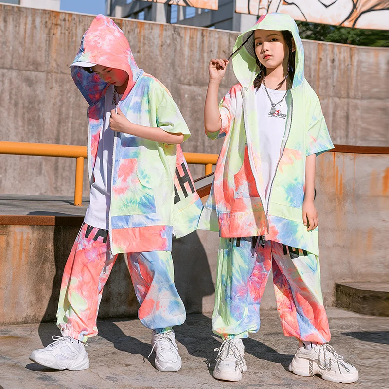 

Children'S Street Dance Wear Multicolor Hoodie Crop Tops Loose Pants Summer Boys Girls Jazz Dance Hip Hop Rave Clothes 120-170