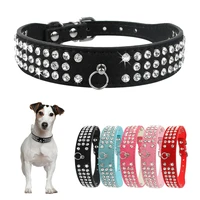 3 rows rhinestone dog collar suede leather bling crystal cat puppy collars pet products 5 colors for small medium dogs walking
