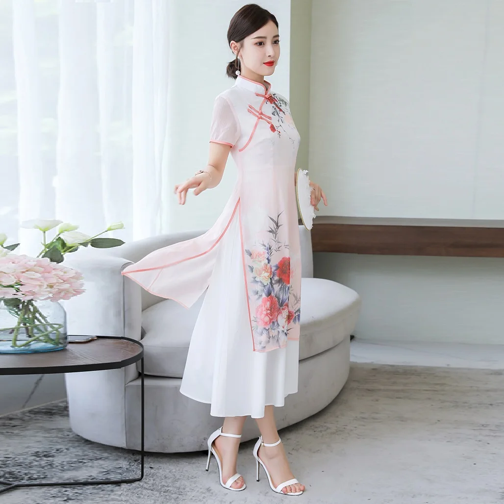 

Retro Improved Cheongsam Printed Party Dress Female 2021 Summer Elegant Short sleeve Asymmetry Vacation Women Floral Long Dress