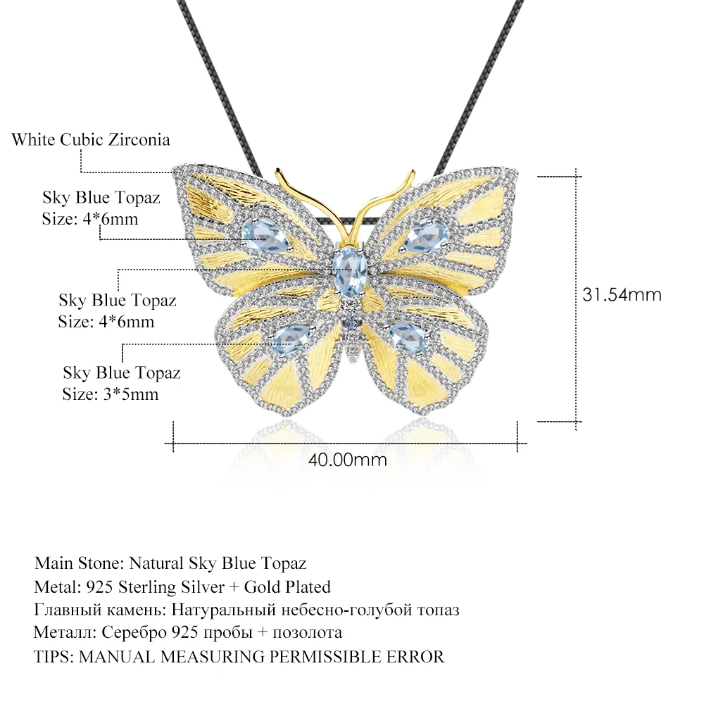 

GEM'S BALLET Silver Brooch for Women Authentic 925 Sterling Silver Gold Color Lovely Butterfly Brooch Trendy Fashion Jewelry