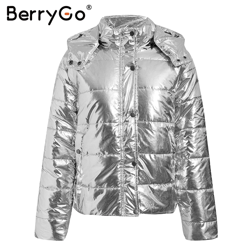 Серебристый BerryGo/серебряное зимнее женское пальто с капюшоном Дамская парка на молнии с карманами, большие размеры, толстые теплые пуховые куртки, верхняя одежда - Цвет: Серебристый