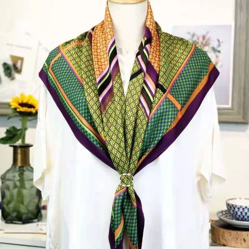 

90*90cmNew Design Twill Silk Scarf Square Ladies Elegent Large Stripe Printed Shawl Wrap Women Echarpe Bandana Foulard Pashimina