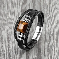 2021 new square natural yellow tiger eye stone retro jewelry mens bracelet 3 layers leather cord stainless steel charm bracelet