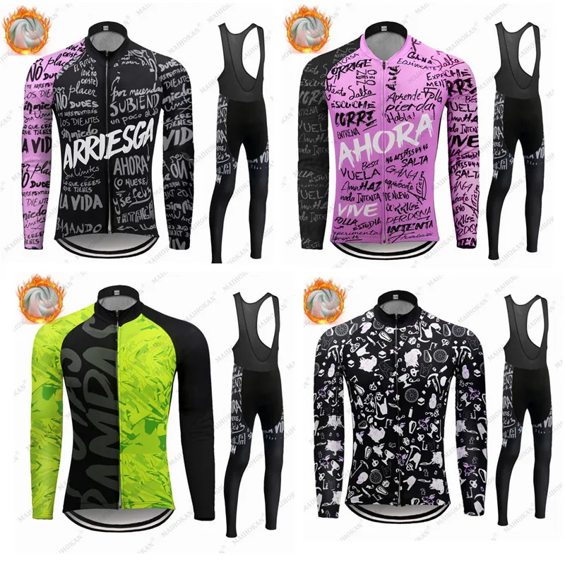 

New ARRIESGA Winter Thermal Fleece Set Cycling Clothes Men's Jersey Suit Sport Riding Bike MTB Clothing Bib Pants Warm Sets Ropa