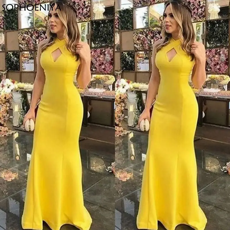 

Vestido de Fiesta Yellow Halter Evening Dresses Sleeveless Backless Satin Prom Dress For Women Robe de Soire de Mariage