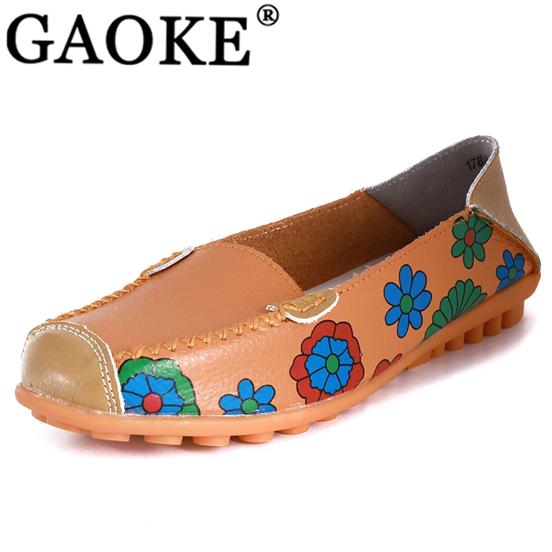 

Women Casual Genuine Leather Boat Comfortable Soft Flat Ventilation Fashion Printing Flat Slip On Shoes Loafers