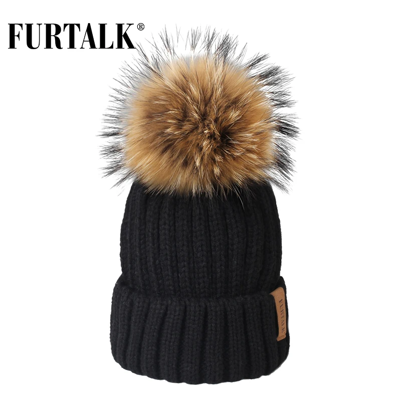 FURTALK зимняя шапка шарф набор для женщин с меховым помпоном женская теплая и кольцо черный белый цвет|hat scarf