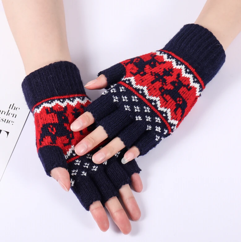 Осенне зимние женские вязаные перчатки без пальцев милые рождественские для