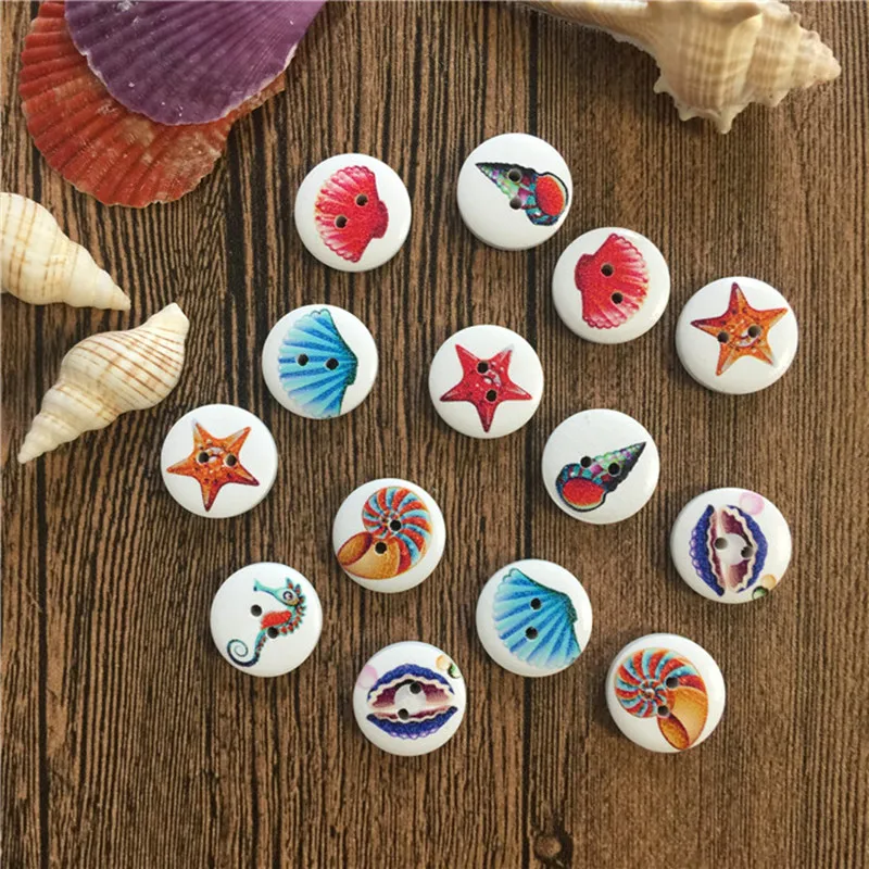 Круглые деревянные пуговицы Sea Life Ocean Series смешанные с 2 отверстиями морские