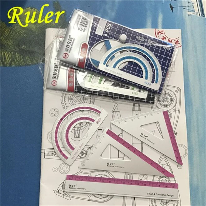 4pcs/set New UV Aluminum Alloy Ruler Drawing Measurement Geometry Triangle Straightedge Protractor A Variety Of Rulers | Дом и сад
