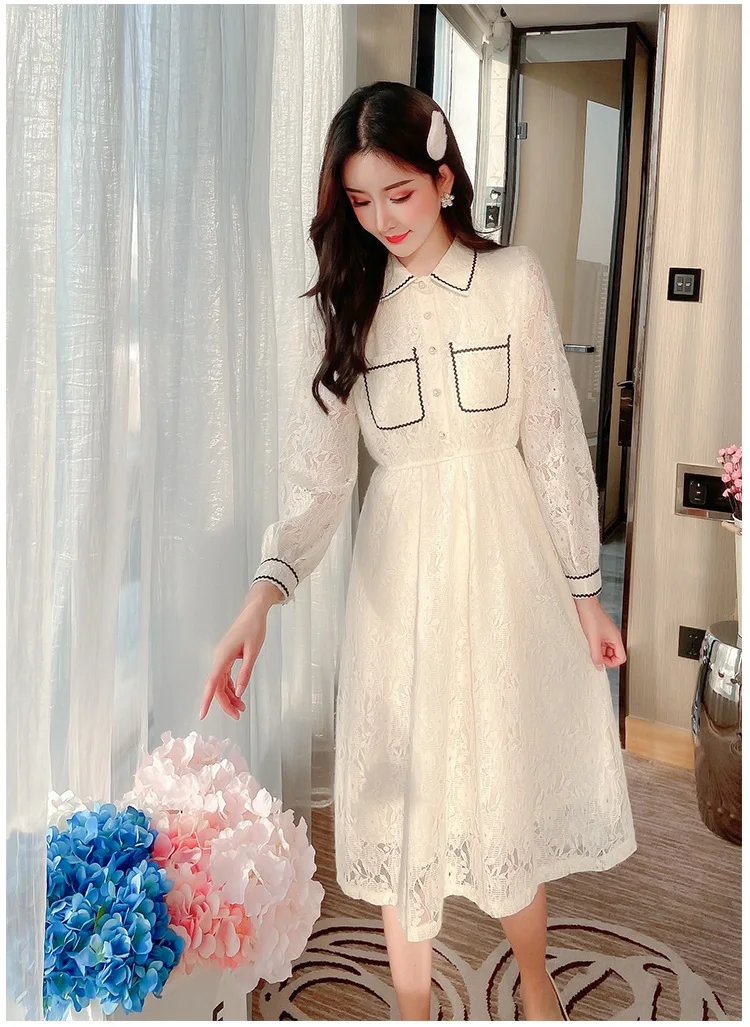 

Женское платье с высокой талией, весеннее ажурное платье средней длины с прострочкой и кружевом