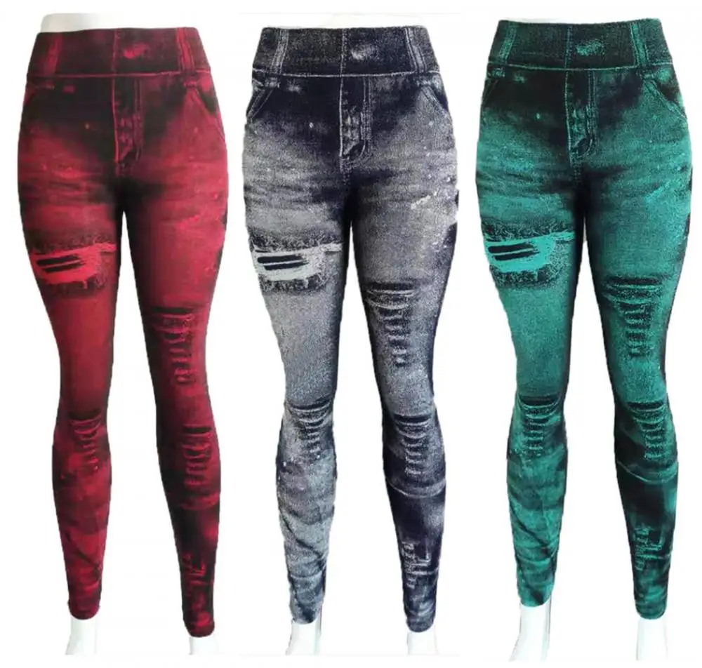 

2021Slim Women Leggings Faux Denim Jeans High Waist Elastic Pants Fitness Sports Leggings Gym Workout Running Push Up Trousers