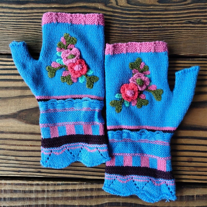 

Women Multicolor Jacquard Crochet Floral Fingerless Gloves Knitted Half Finger Texting Mittens Thumb Hole Arm Warmers