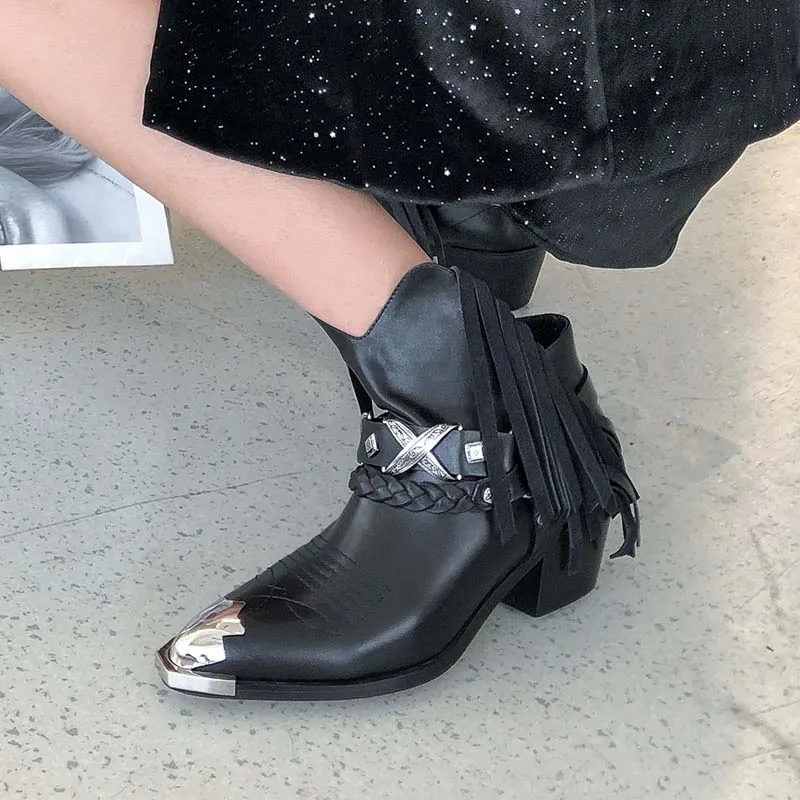 

Real Leather Ankle Boots Women Metal Pointed Toe Rivet Tassel High Heel Boots Woman Fashion Martin Boots