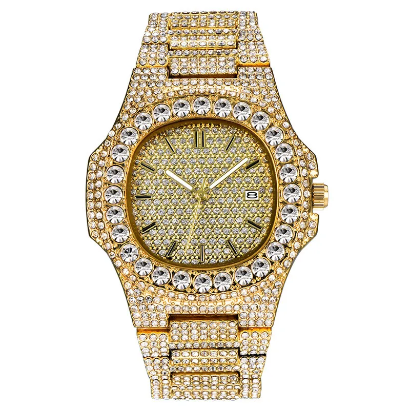 

Часы наручные мужские кварцевые, брендовые деловые, полностью алмазные, с браслетом из сплава, роскошные брендовые