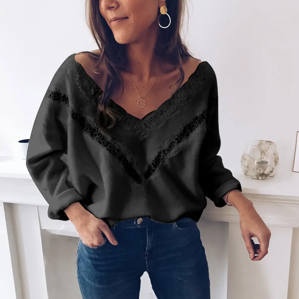 

Long Sleeve V Neck Home Office Soft Lace Stitching Autumn Winter Oversized Women Knitted Sweater Daily Casual Loose Ladies Warm