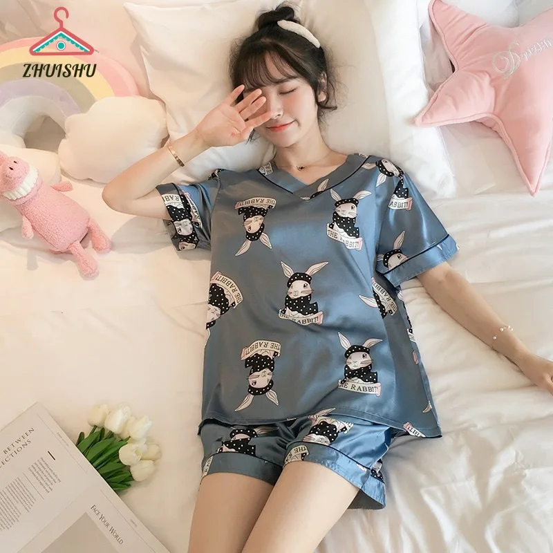 

ZHUISHU Summer Pajamas V-neck Ice Silk Short-sleeved Female Cartoon Cute Thin Home Simulation Silk Ladies Pajamas Sleepwear R158