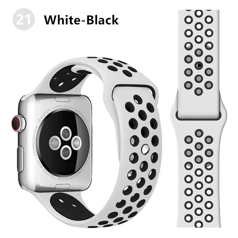 white black 21 Ремешок для apple watch band 44 мм 40 мм apple watch 5 4 3 2 iwatch band 42 мм 38 мм спортивный силиконовый браслет correa аксессуары для часов - Цвет ремешка: white black 21