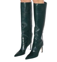 green white crocodile printed pattern pointed toe sexy thin heeled woman knee high boots ladies designer long botas plus size 46