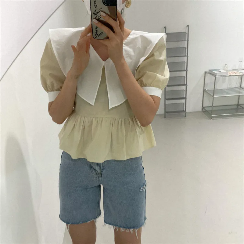 

Summer New Style 2021 Female Blouse Hit Color Round Neck Waist Short Puff Sleeve Shirt 2021