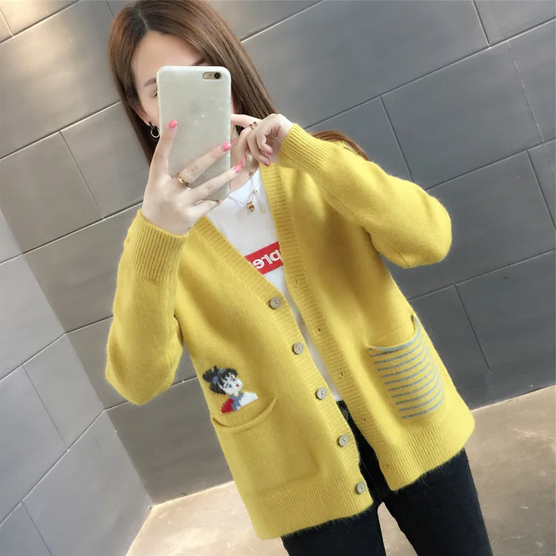 Кардиган с V-образным вырезом карманами на пуговицах модный свободный свитер