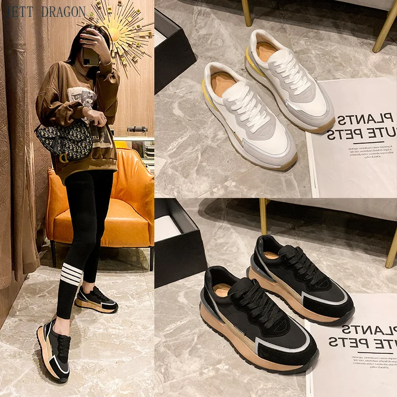 

JETT DRAGON Sneakers Genuine Leather Sport Shoes Female Students Platform Flats White Black Shoes2021 Luminous Women Sneakers 40